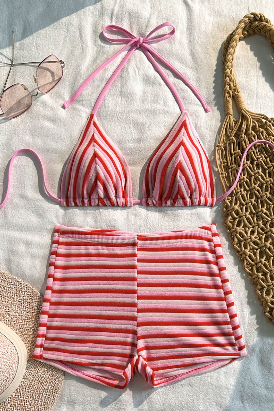 Brown and Beige Striped Rib Knit Bikini Set with Triangle Top-Bikini Set-Bellascena-bellascena