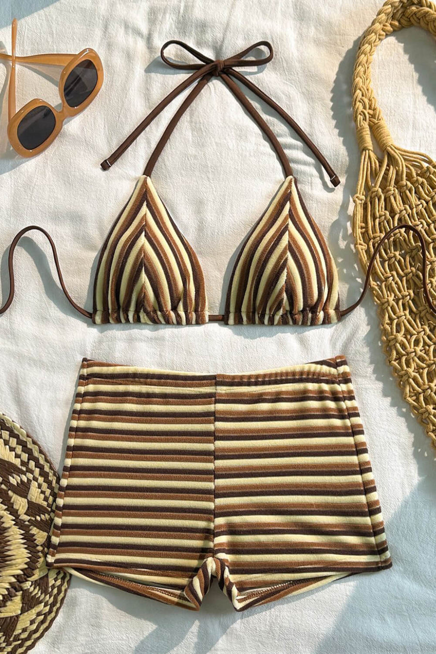 Brown and Beige Striped Rib Knit Bikini Set with Triangle Top-Bikini Set-Bellascena-bellascena