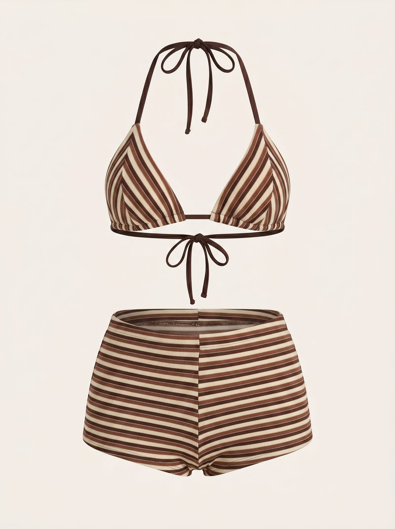 Set bikini in maglia a coste marrone e beige a righe con top a triangolo