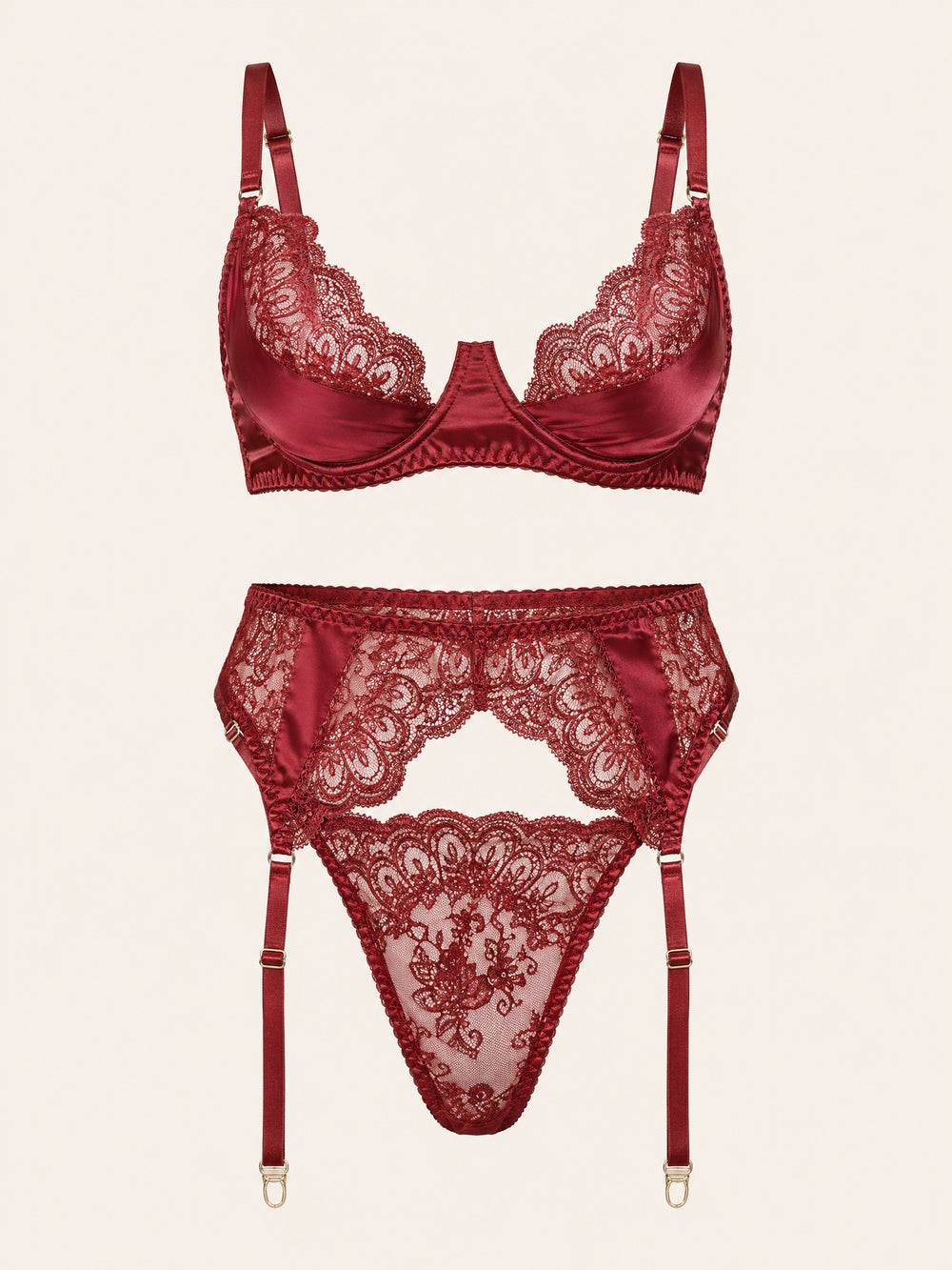 Weinrotes Spitzen-Dessous-Set mit Riemchen-Eleganz