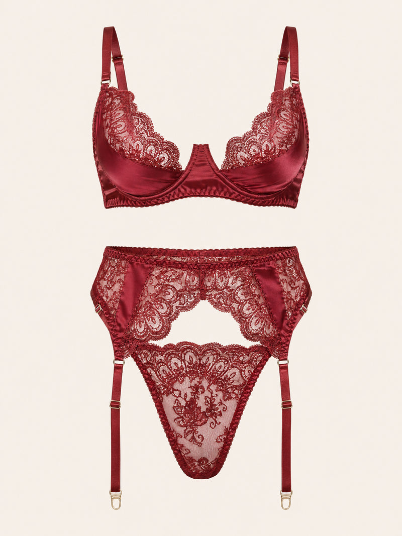 Burgundy Lace Lingerie Set with Strappy Elegance