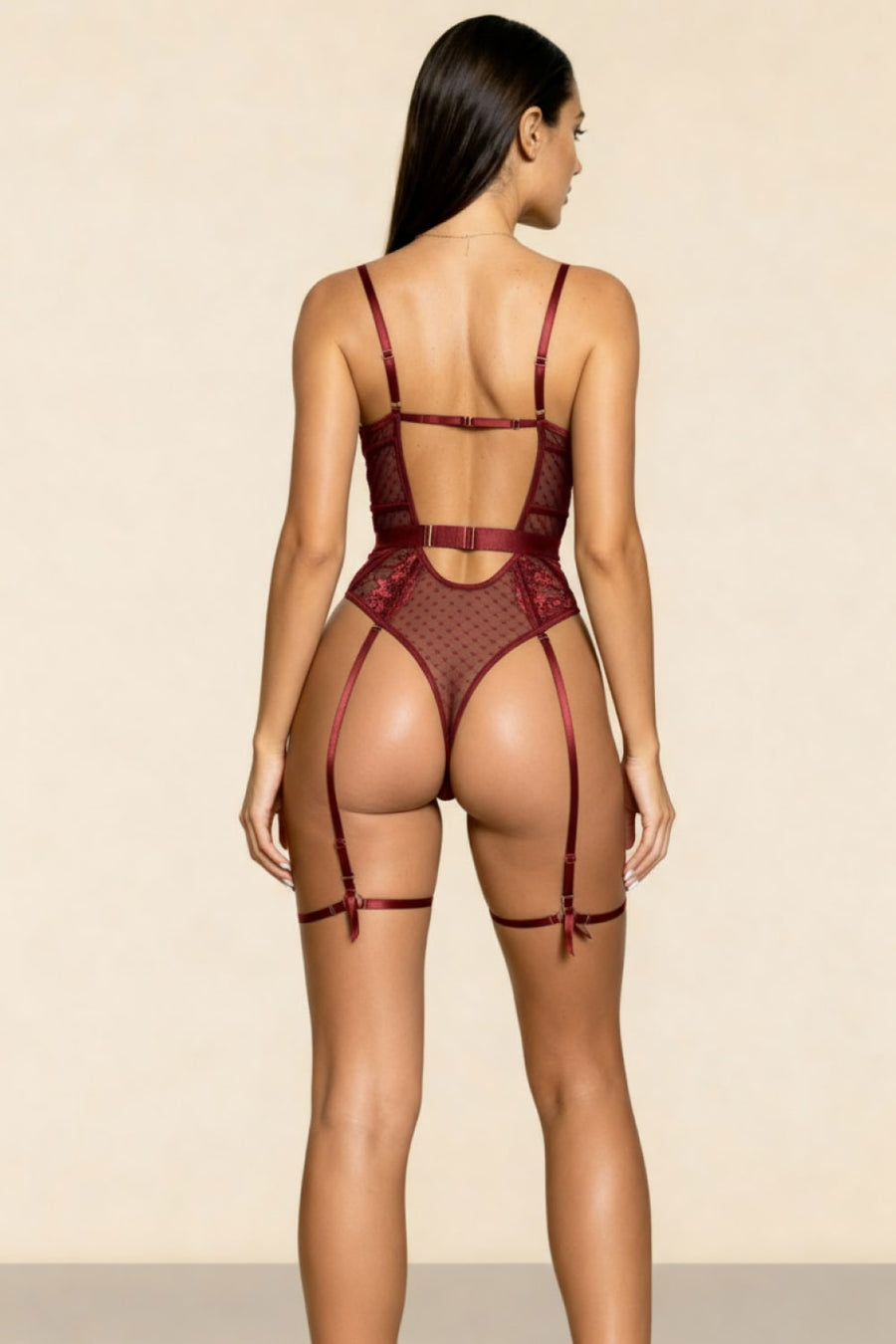 Burgundy Mesh Bodysuit with Lace Detail-Bodysuit-Bellascena-bellascena