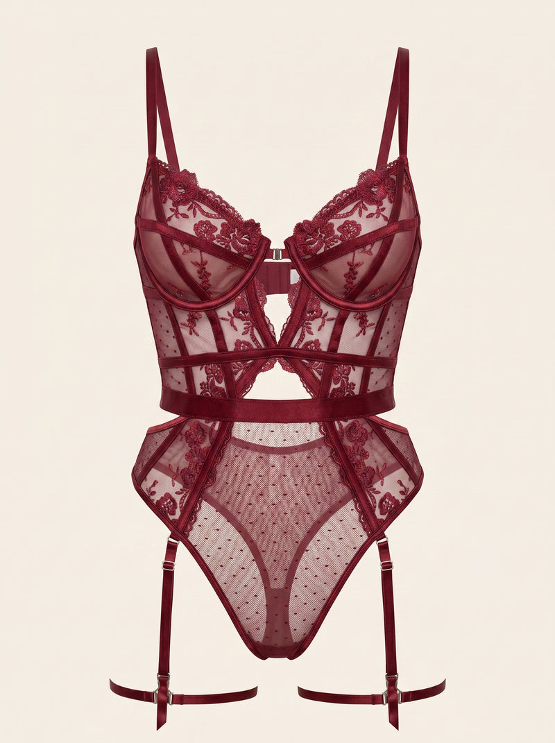 Burgundy Mesh Bodysuit with Lace Detail