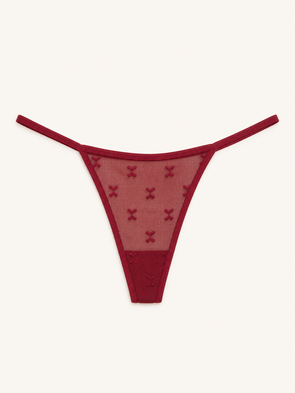 Bordeauxrode mesh-string met geborduurde bandjes