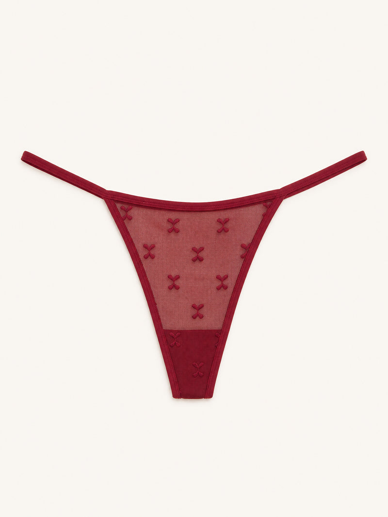 Burgundy Mesh Thong with Embroidered Straps