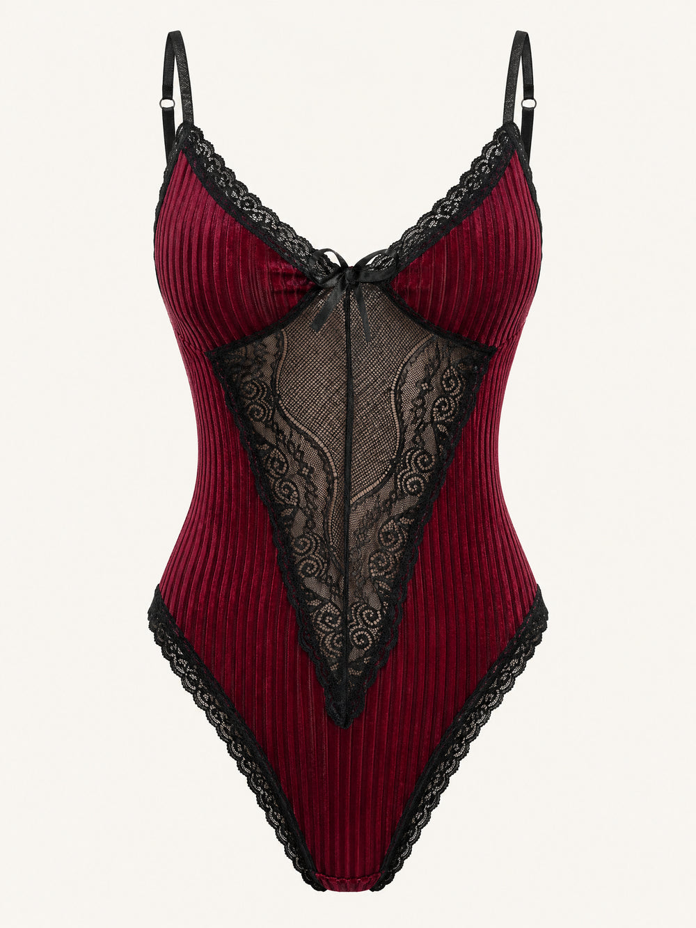 Body in velluto bordeaux con spalline e dettagli in pizzo nero