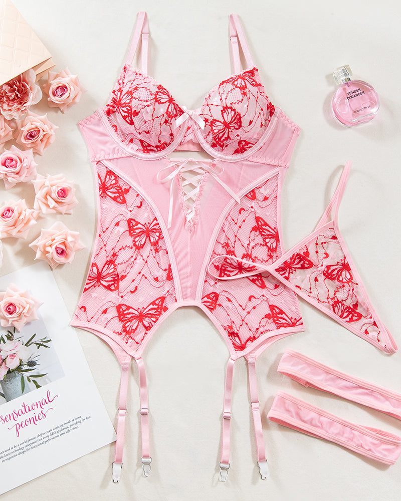 Butterfly Embroidered Mesh Lingerie Set with Strappy Detail-Bra-Bellascena-bellascena