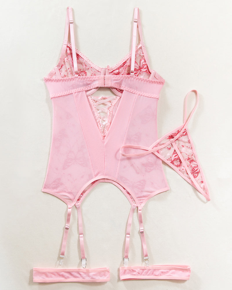Butterfly Embroidered Mesh Lingerie Set with Strappy Detail-Bra-Bellascena-bellascena