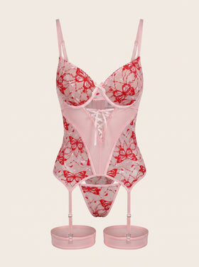 Butterfly Embroidered Mesh Lingerie Set with Strappy Detail-Bra-Bellascena-bellascena