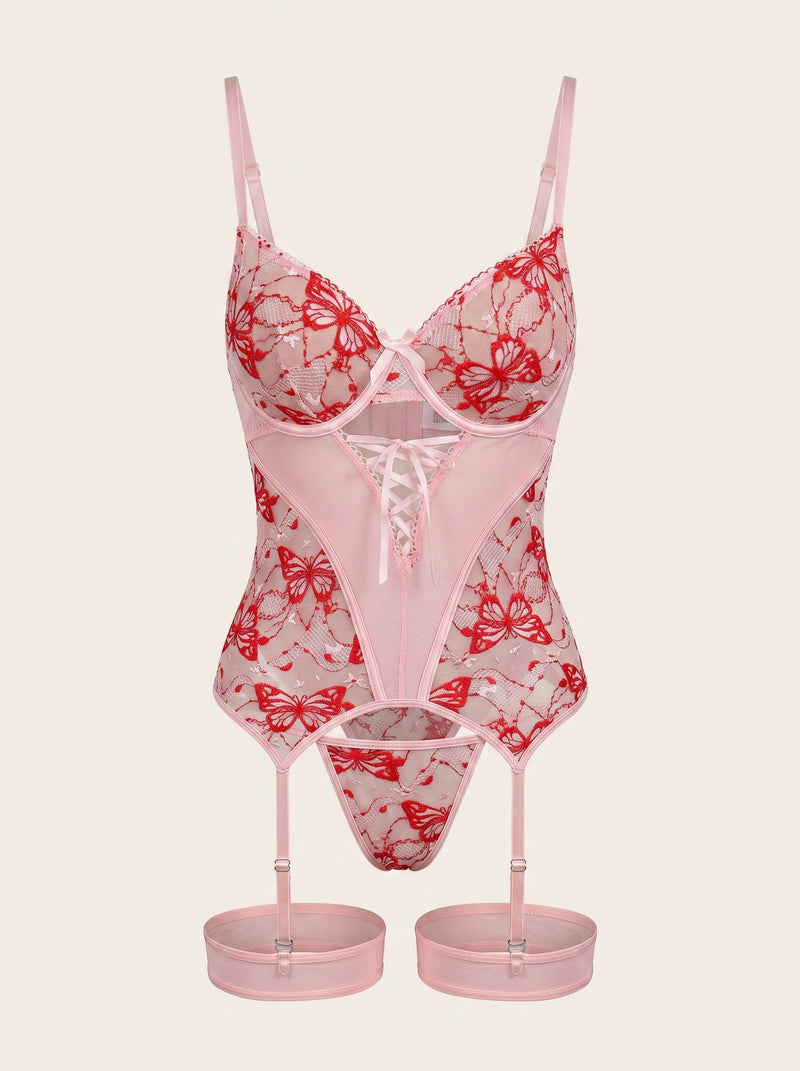 Butterfly Embroidered Mesh Lingerie Set with Strappy Detail