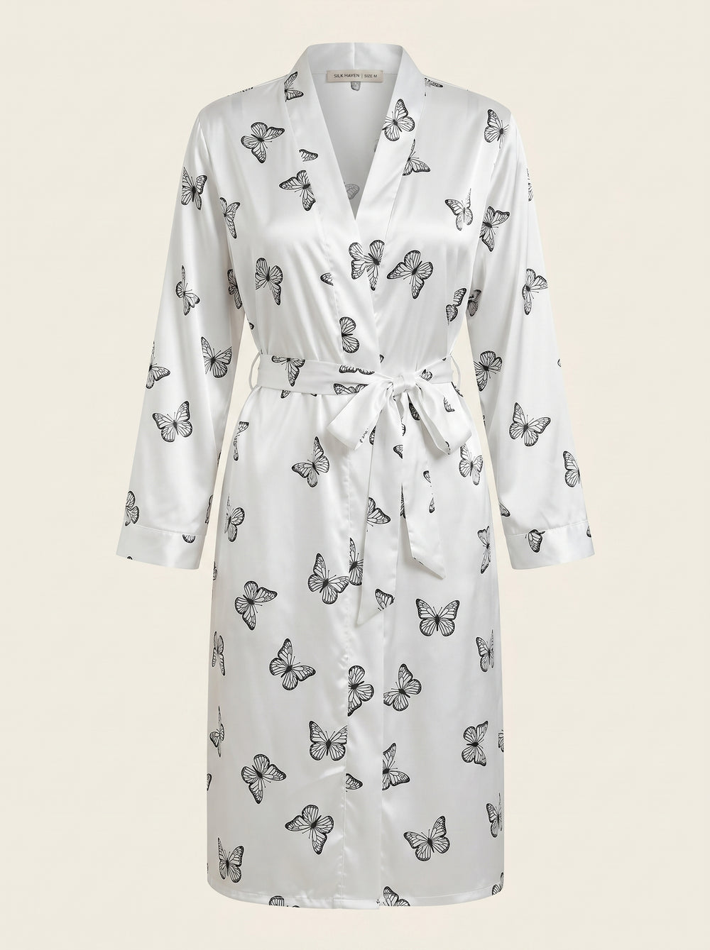 Satijnen kimono met vlinderprint en ceintuur