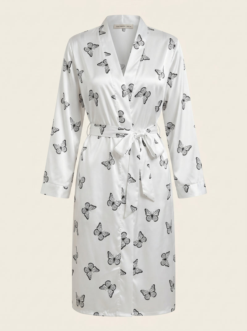 Butterfly Print Satin Kimono Robe with Tie Belt