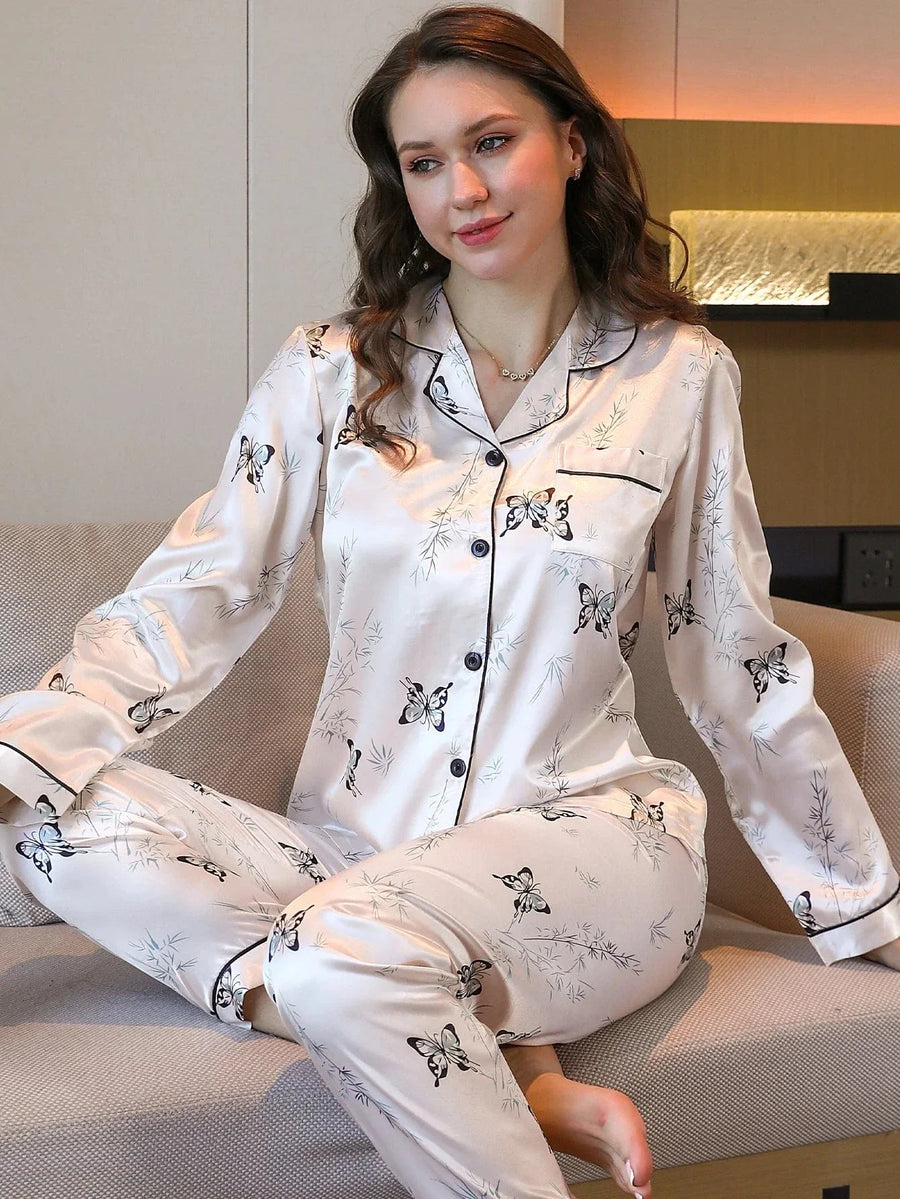 Butterfly Print Satin Pajama Set with Contrast Piping-Pajama Set-Bellascena-White-S-bellascena