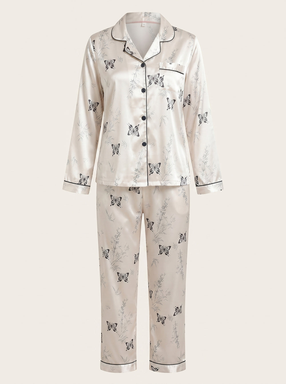 Butterfly Print Satin Pajama Set with Contrast Piping