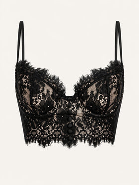 Button Detail Black Lace Bra with Sheer Strappy Design-Bra-Bellascena-Black-S-bellascena