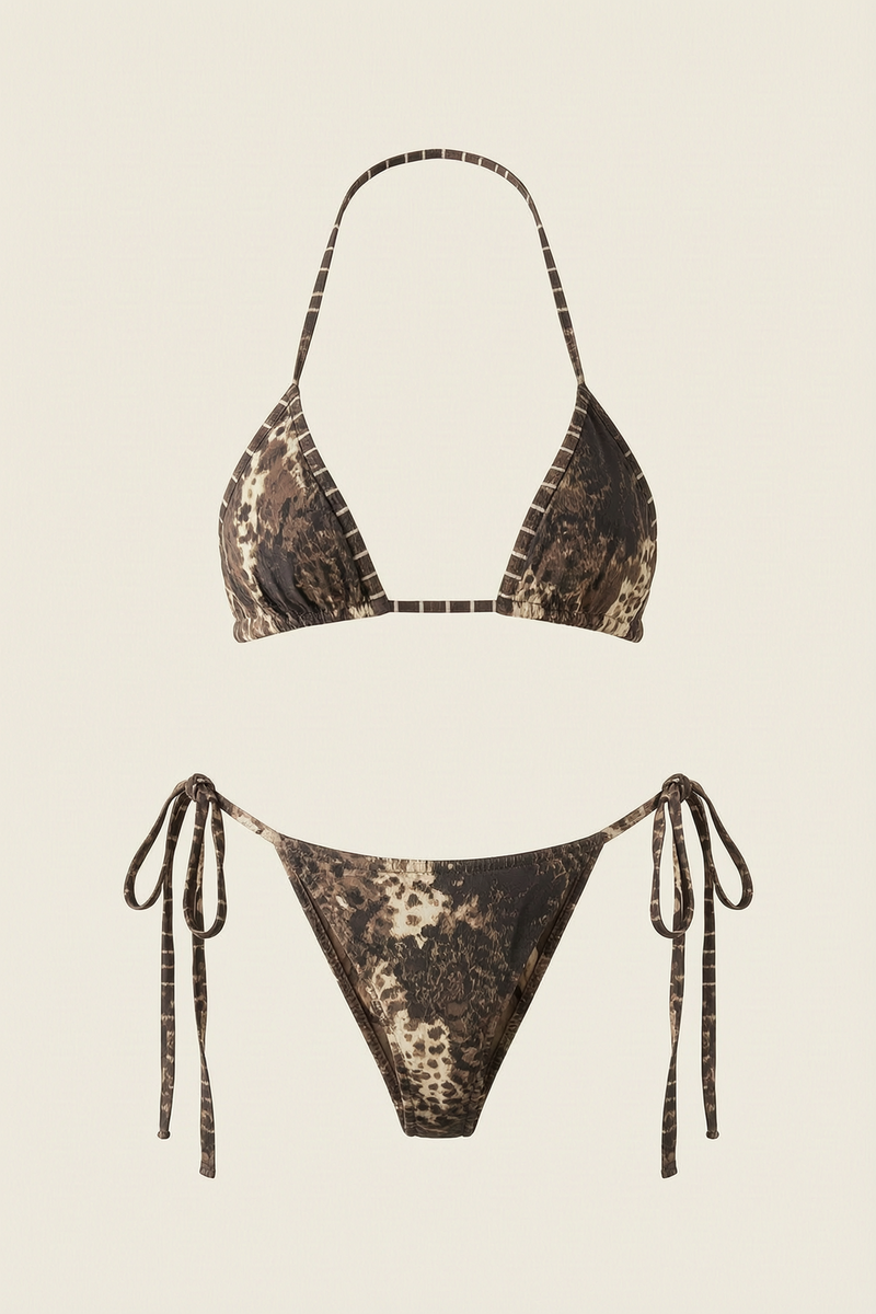 Captivating Animal Print Synthetic Bikini Set with Striped Details