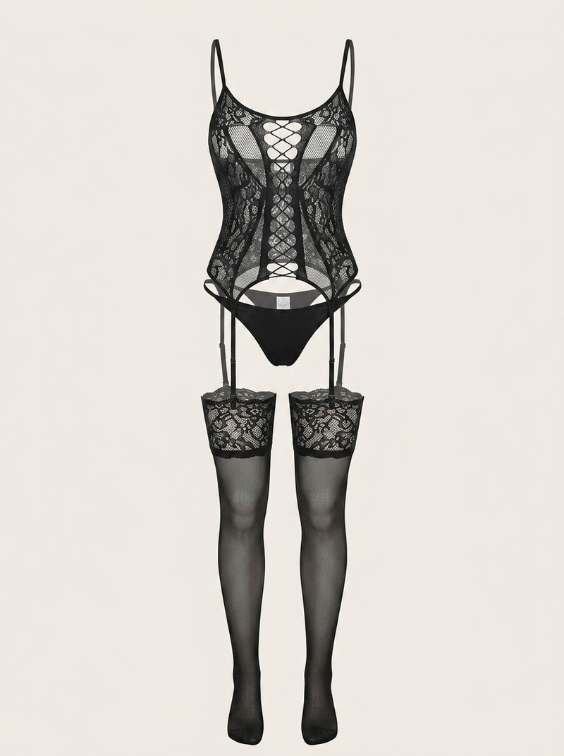 Captivating Black Lace Bodysuit with Strappy Details