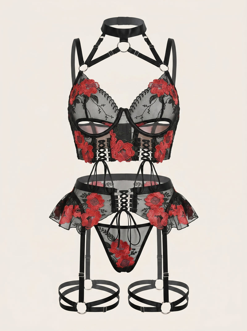 Captivating Floral Red Lace Lingerie Set with Strappy Detailing