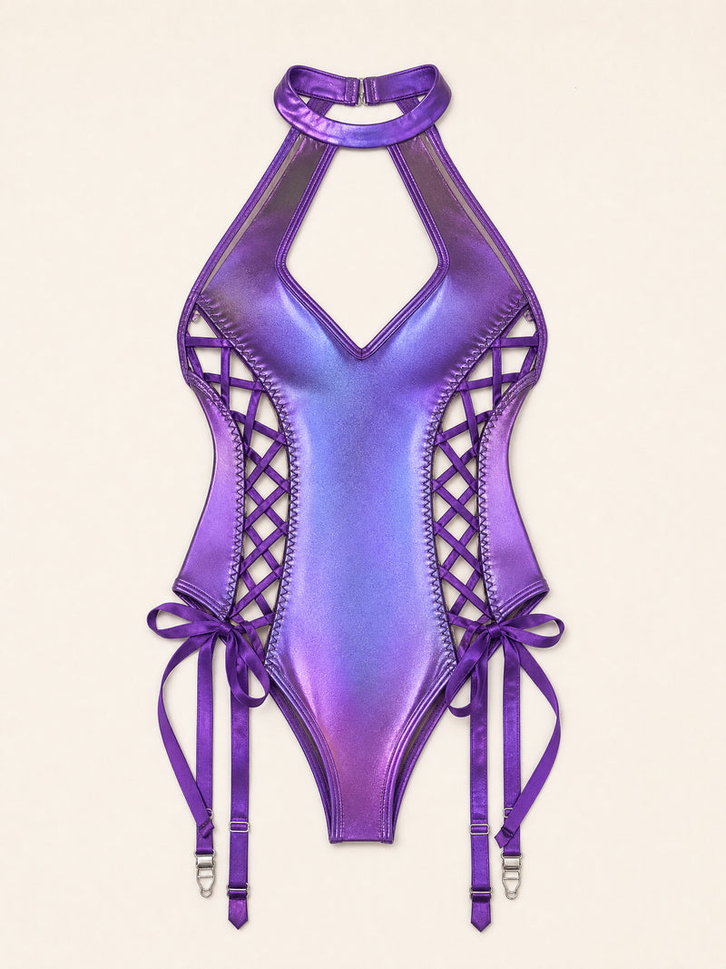 Captivating Iridescent Purple Satin Bodysuit with Lace-Up Detail