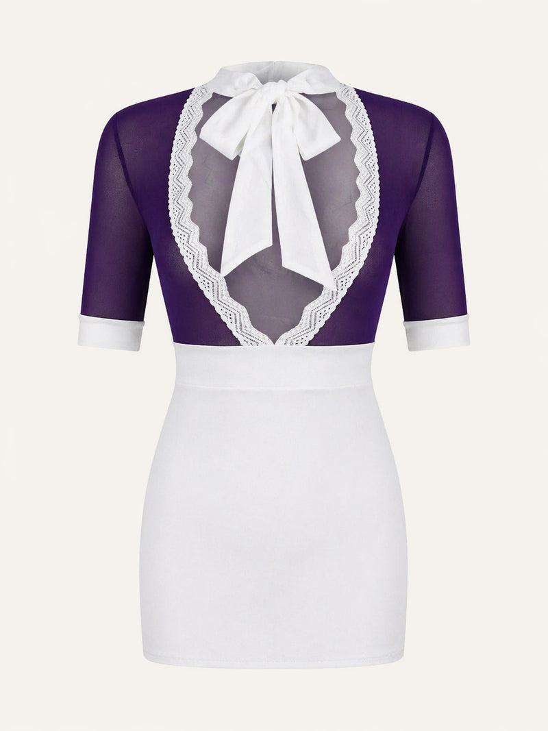 Captivating Purple Mesh Bodysuit with Lace Trim and Straps