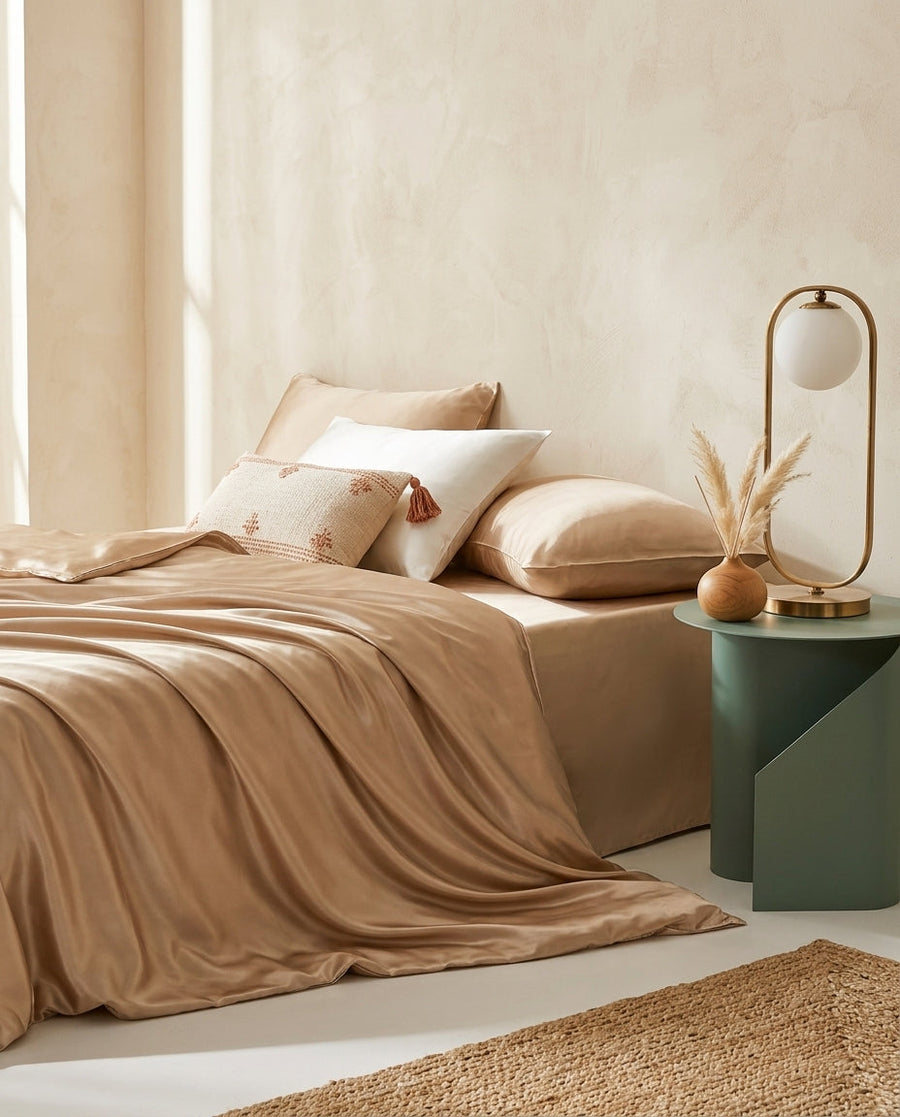 Champagne Satin Duvet Cover with Glossy Finish-Duvet Cover-Bellascena-Beige-140x200cm-bellascena