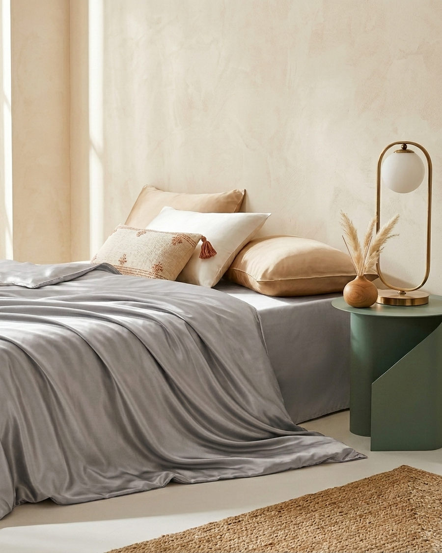 Champagne Satin Duvet Cover with Glossy Finish-Duvet Cover-Bellascena-Gray-140x200cm-bellascena