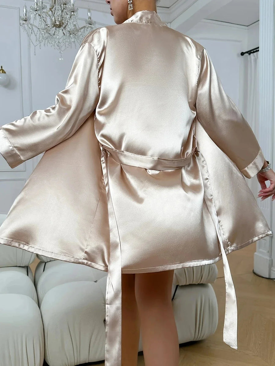 Champagne Satin Kimono Robe with Lace Trim-Kimono Robe-Bellascena-bellascena