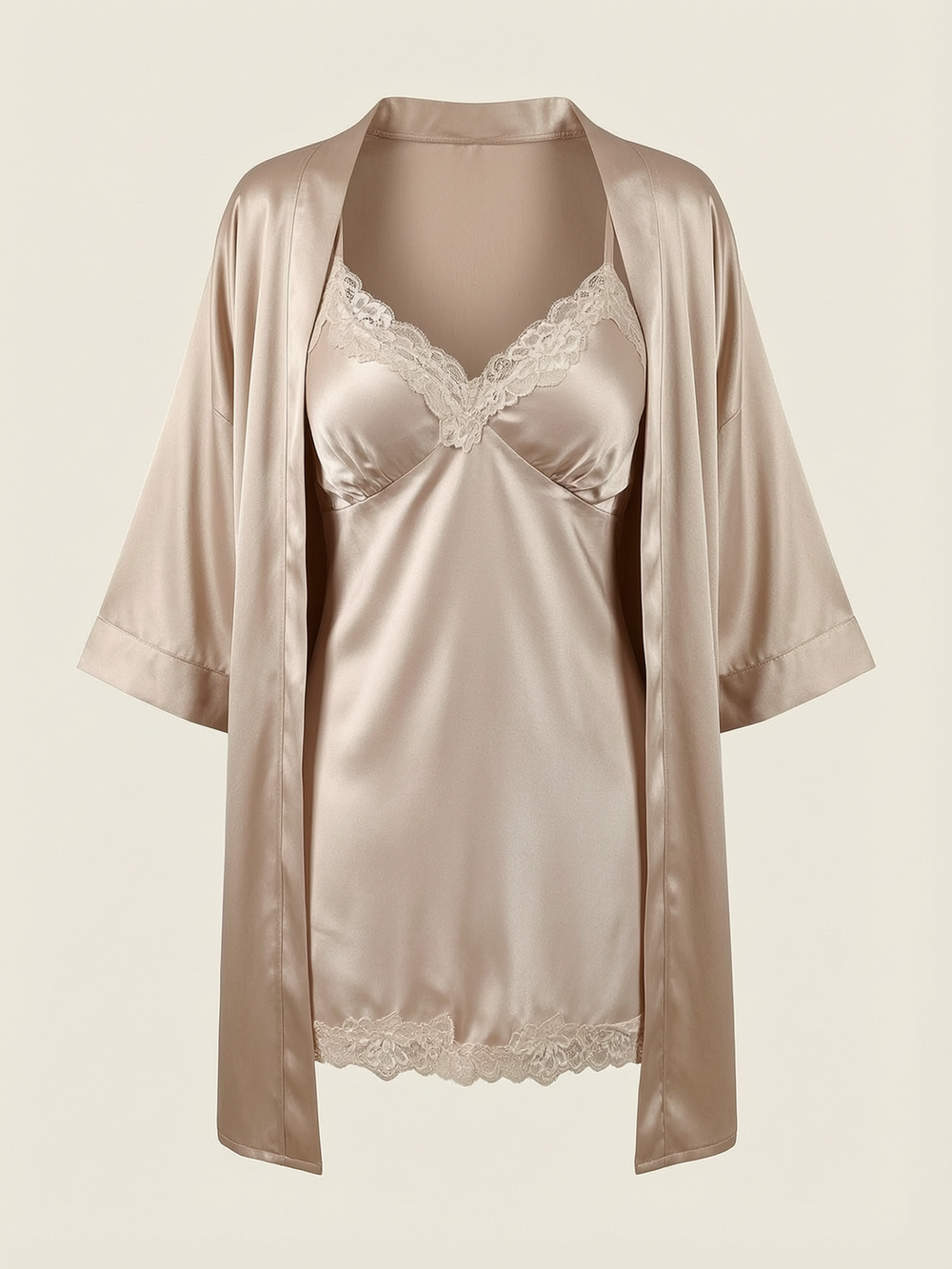 Set di vestaglia e camicia da notte in raso color champagne con bordi in pizzo