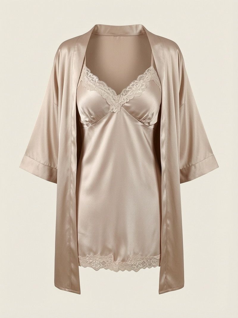 Champagne Satin Kimono Robe with Lace Trim