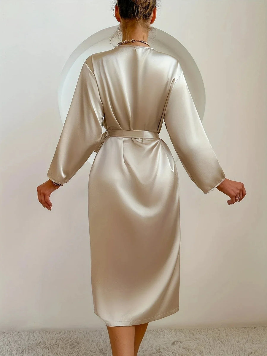Champagne Satin Kimono Robe with Long Sleeves-Kimono Robe-Bellascena-bellascena