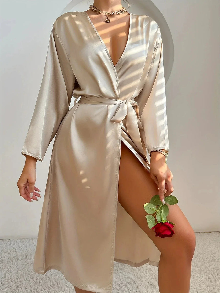 Champagne Satin Kimono Robe with Long Sleeves-Kimono Robe-Bellascena-bellascena