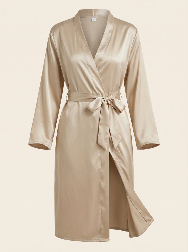 Champagne Satin Kimono Robe with Long Sleeves
