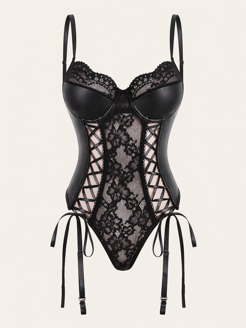 Chic Black Lace Bodysuit with Strappy Cutout Design