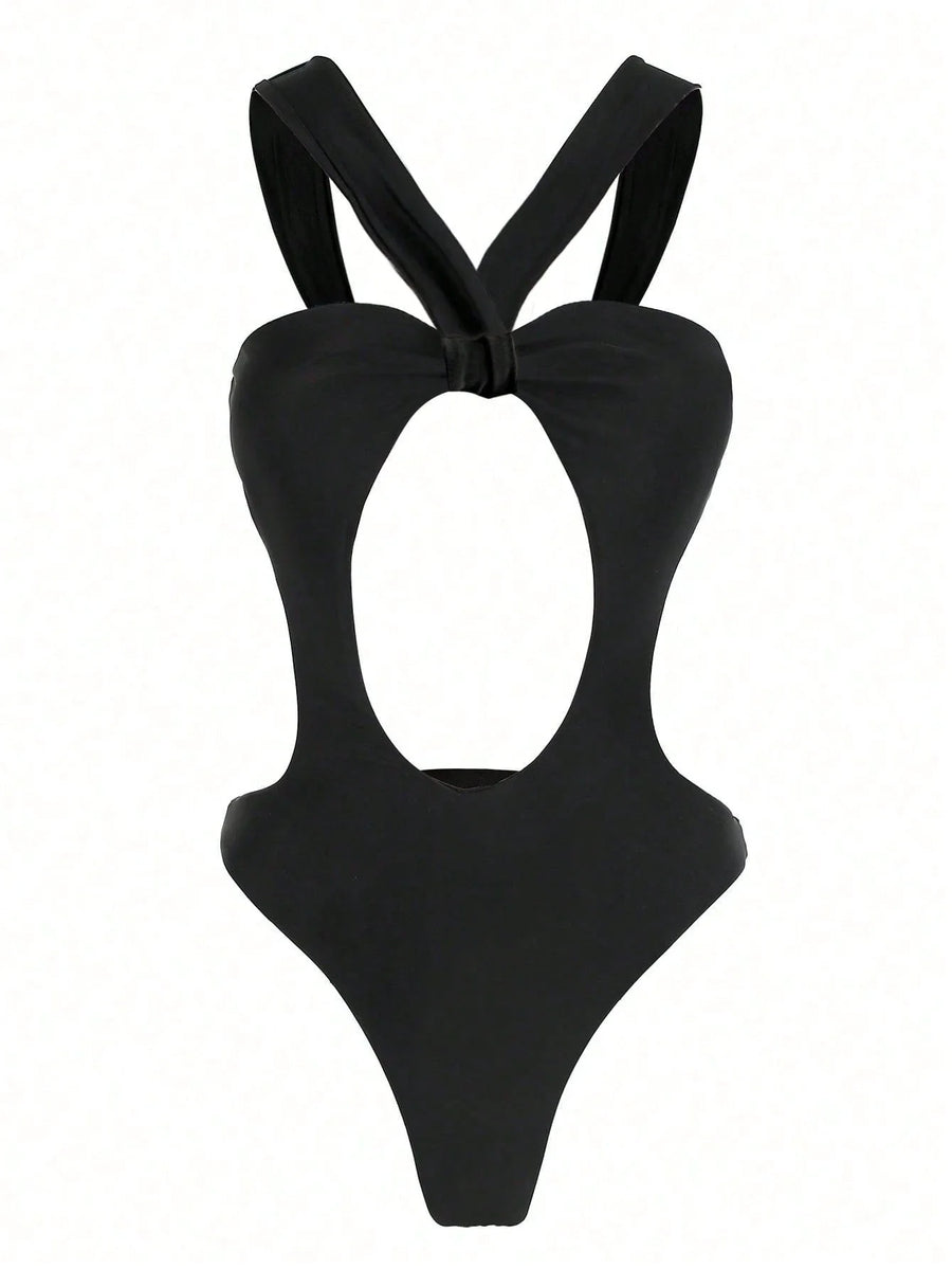 Chic Black and White Satin Bodysuit with Strappy Cutouts-Bodysuit-Bellascena-bellascena