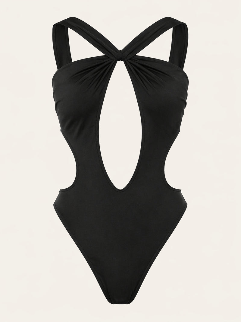 Chic Black and White Satin Bodysuit with Strappy Cutouts