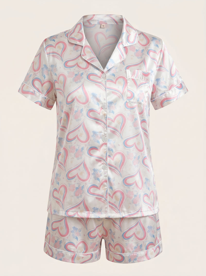 Élégant ensemble de pyjama en satin à imprimé cœurs avec détails boutonnés