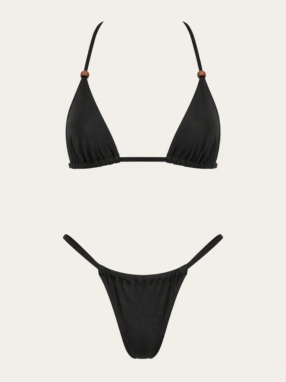 Elegante bikini nero satinato a tinta unita con inserti cut-out e spalline intrecciate