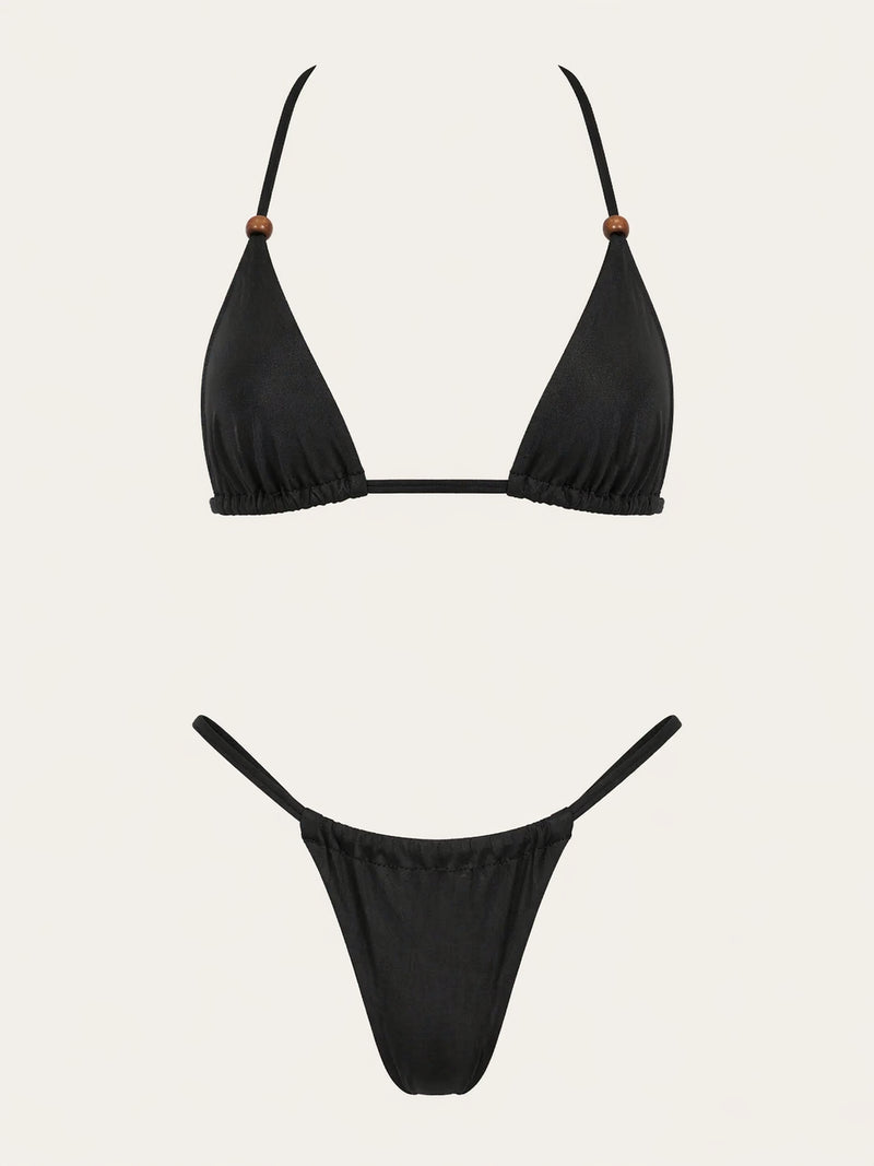 Chic Solid Black Satin Bodysuit with Strappy Cutouts