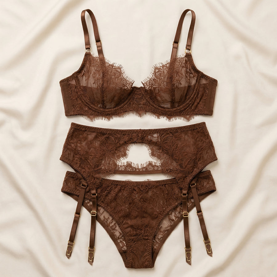 Chocolate Brown Lace Lingerie Set with Strappy Detail-Lingerie Set-Bellascena-bellascena