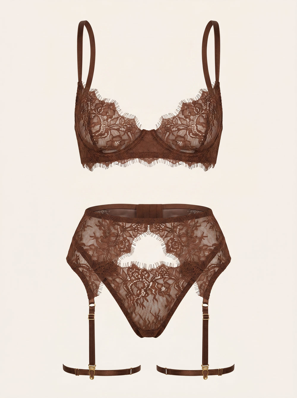 Chocolate Brown Lace Lingerie Set with Strappy Detail
