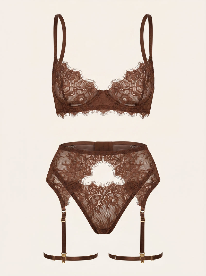 Chocolate Brown Lace Lingerie Set with Strappy Detail