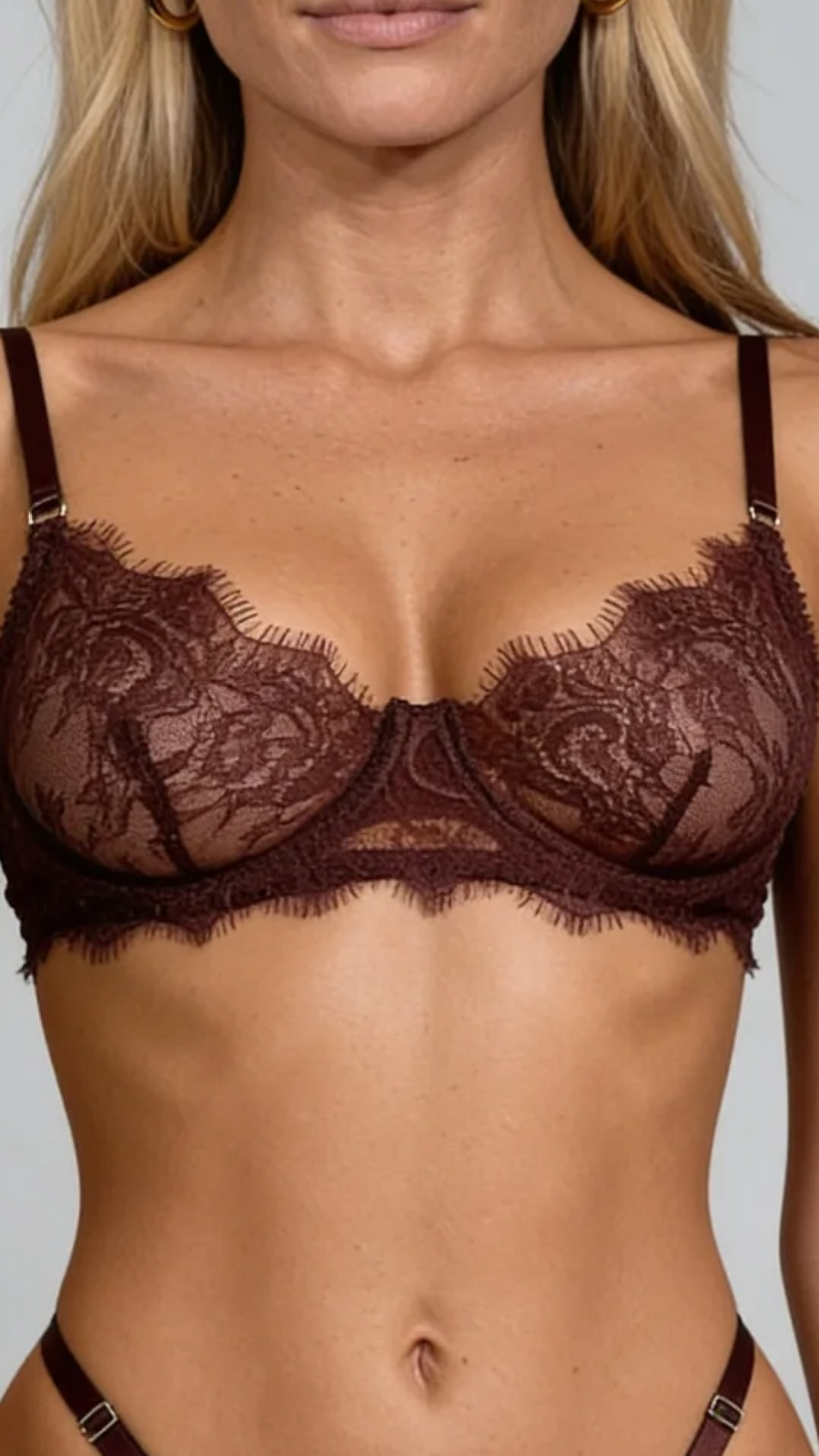 Chocolate Brown Lace Lingerie Set with Strappy Sheer Design-Lingerie Set-Bellascena-bellascena
