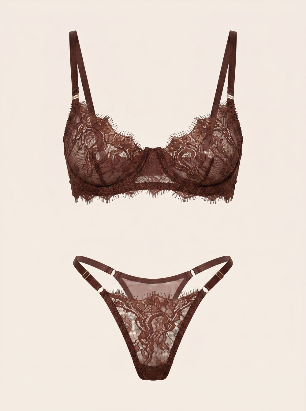Chocolate Brown Lace Lingerie Set with Strappy Sheer Design