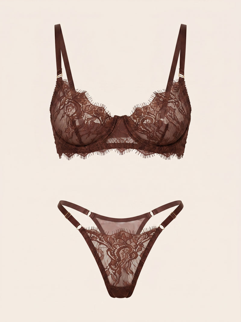 Set di lingerie in pizzo marrone cioccolato con design trasparente con strappy