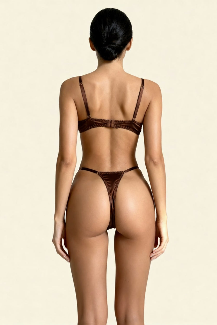 Chocolate Brown Satin Lingerie Set with Scalloped Edges-Lingerie Set-Bellascena-bellascena