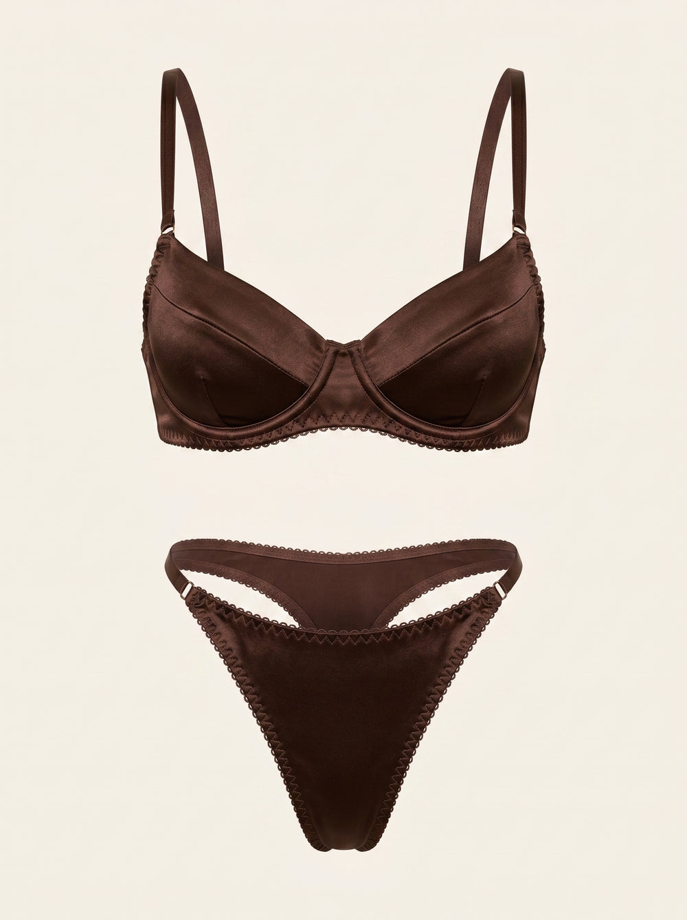 Schokoladenbraunes Satin-Dessous-Set mit Bogenkanten