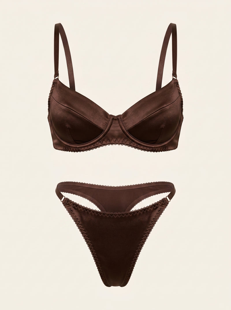 Chocolate Brown Satin Lingerie Set with Scalloped Edges
