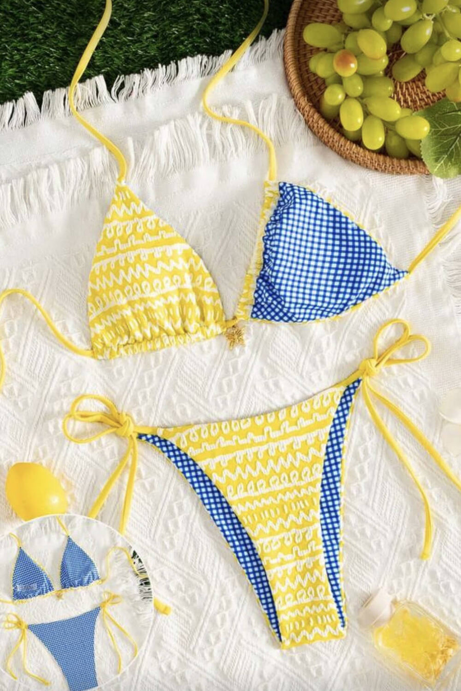 Contrast Gingham Nylon Bikini Set with Tie Side-Bikini Set-Bellascena-bellascena
