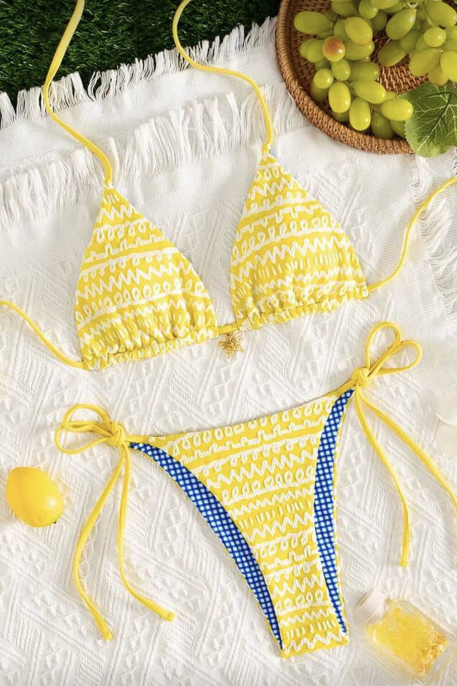 Contrast Gingham Nylon Bikini Set with Tie Side-Bikini Set-Bellascena-bellascena