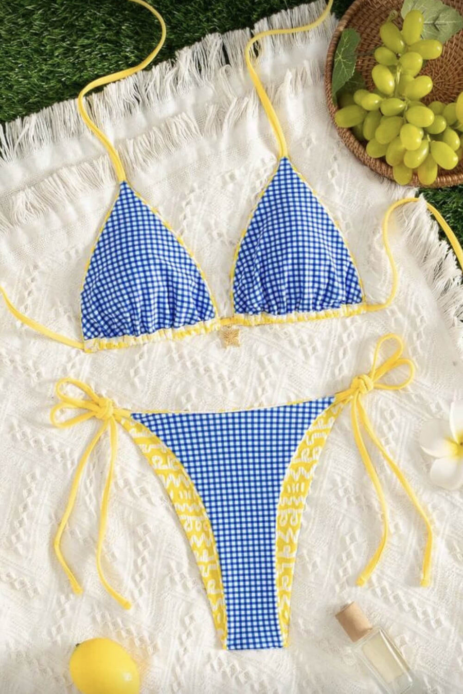 Contrast Gingham Nylon Bikini Set with Tie Side-Bikini Set-Bellascena-bellascena